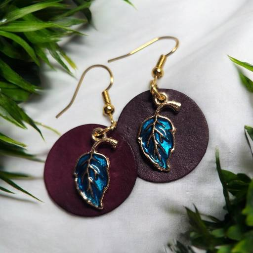 Purple Leather Earrings with Leaf Charm