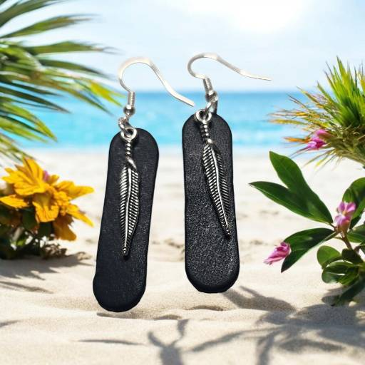 Black Leather Earrings with Feather Charm