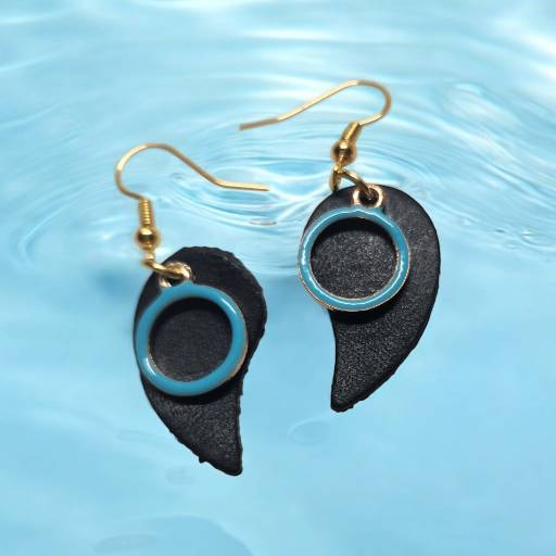 Adorable Small Black Leather Earring with Turquoise Circular Charm