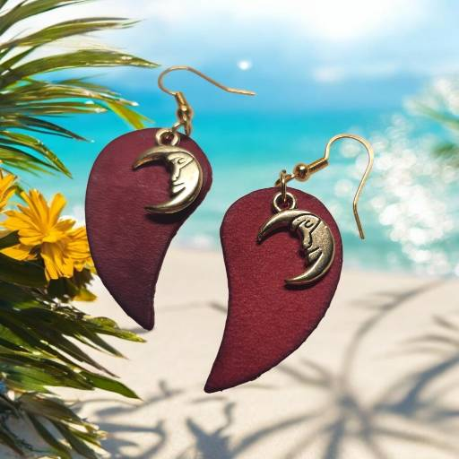 Deep Red Leather Earring with Enchanting Gold-toned Charm