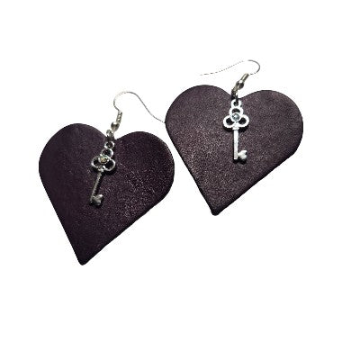 Deep Plum-Colored Leather Key-to-my-Heart Earrings