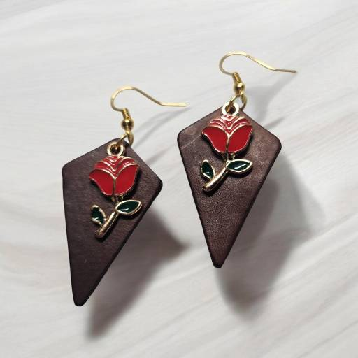 Classy Red Rose Charm on Rich Brown Leather Earring