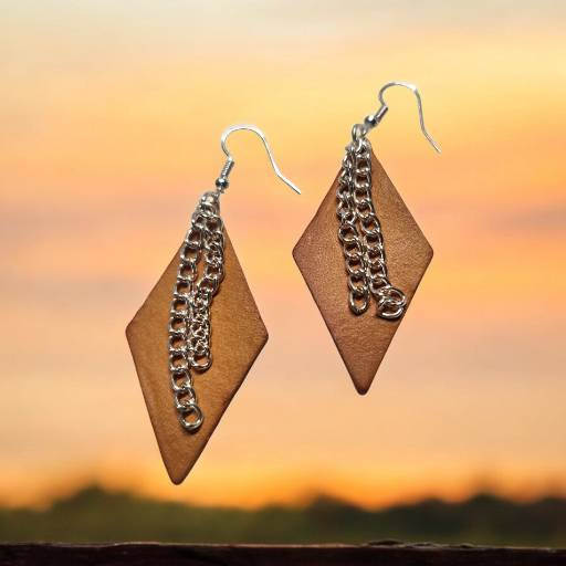 Yellow Leather Earrings with Silver-Tones Chain Bling