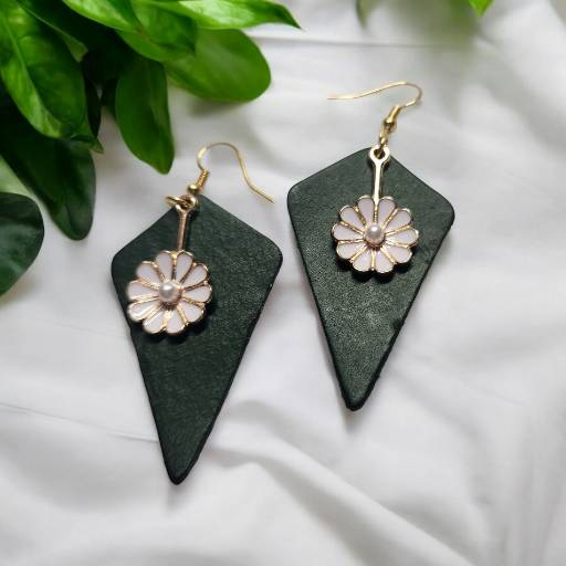 Rich Green Leather Earrings with Super Cute White Flower Charm