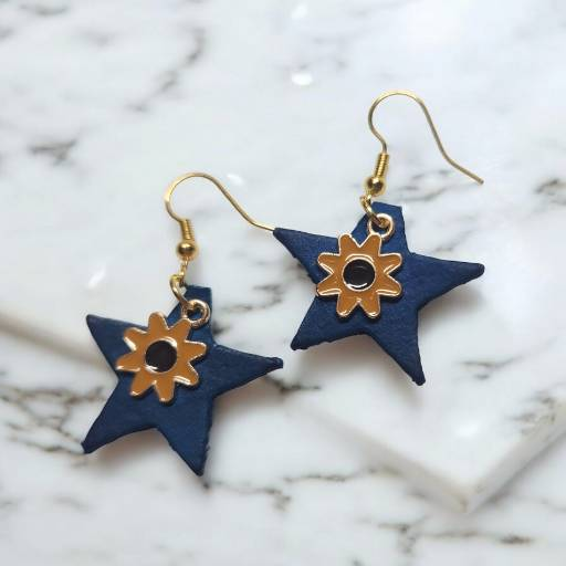 Bright Blue Leather Earrings with Yellow Flower Charm